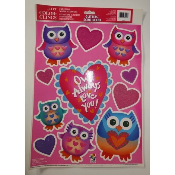 Valentine's Color Clings 11 Ct. Owl Always Love You Heart Glitter Window Decor - Picture 2 of 6